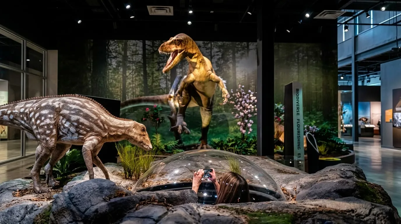 A visitor inside a pop-up viewing dome within a Cretaceous forest diorama